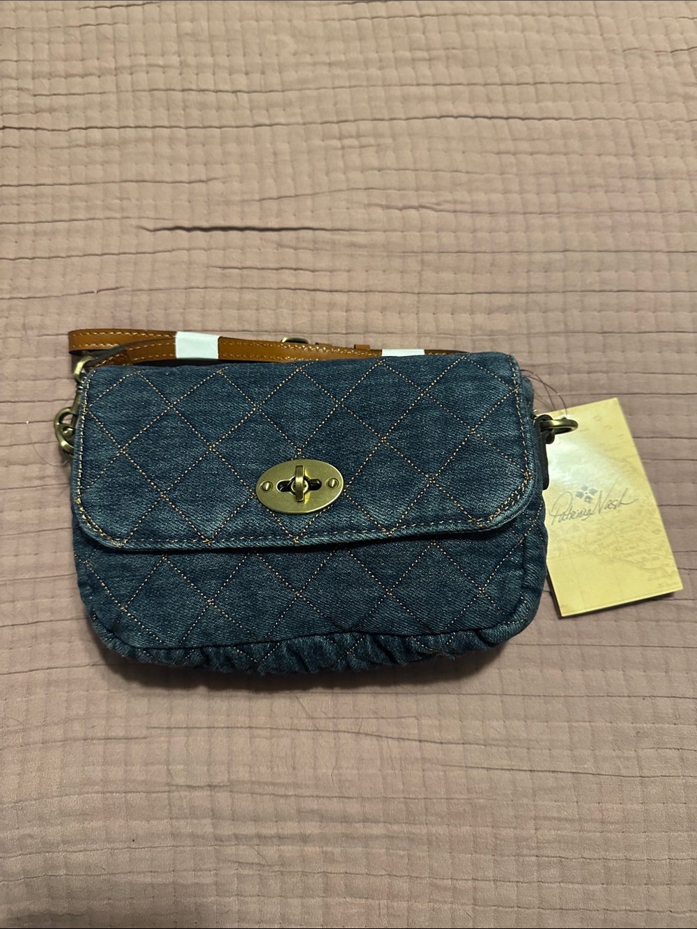 Patricia Nash Quilted Denim Blue Crossbody with Gold Turn-Lock
